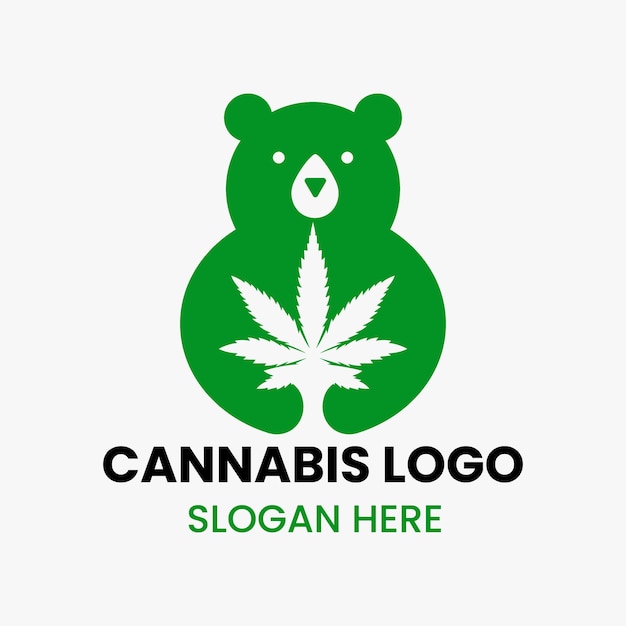 Bear Cannabis Logo Негативный векторный шаблон пространства. Медведь держит символ марихуаны