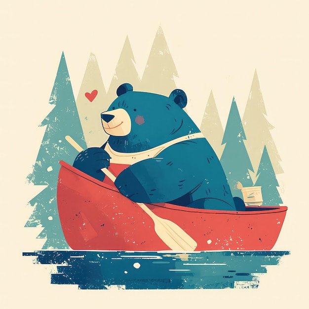 A bear in a canoe cartoon style