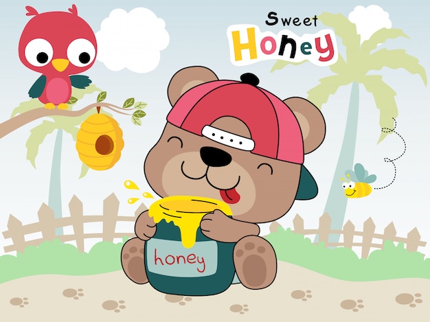 Bear cartoon hugging jar honey with an owl