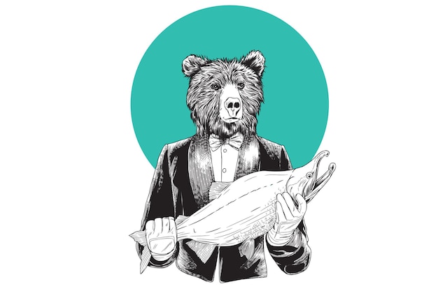 Vector bear catching salmon