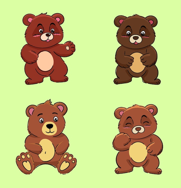 Bear character standing set of cute brown sitting cartoon vector illustration isolated on white