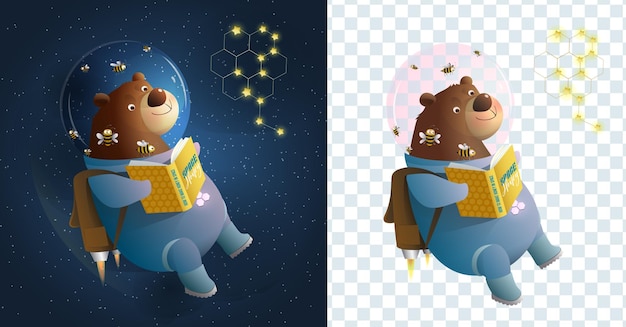 Bear cosmonaut reading book study science in space