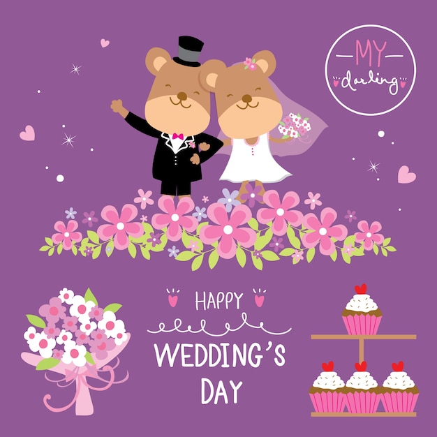 Bear couple wedding flower sweet cute cartoon