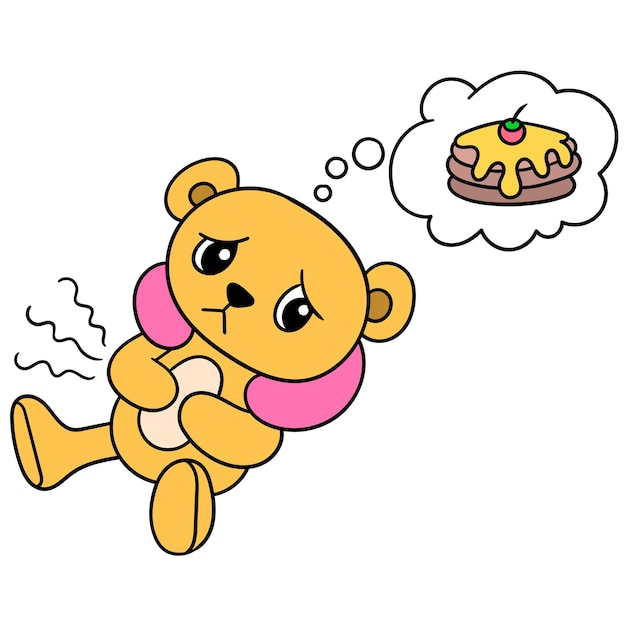 Медвежонок с грустным лицом, потому что она представляет себе восхитительный сладкий торт, векторная иллюстрация. каракули изображение значка каваи.