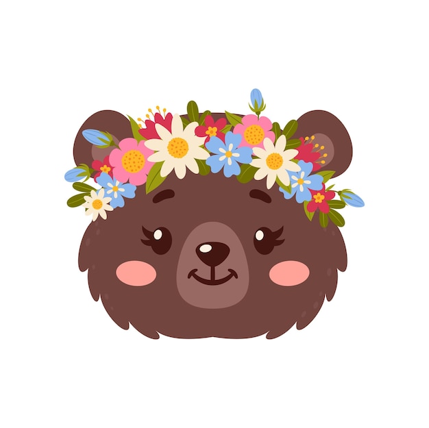 Bear cute animal in flower wreath crown grizzly