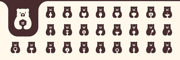 Cute flat bear mascot minimal icon collection set logo design vector