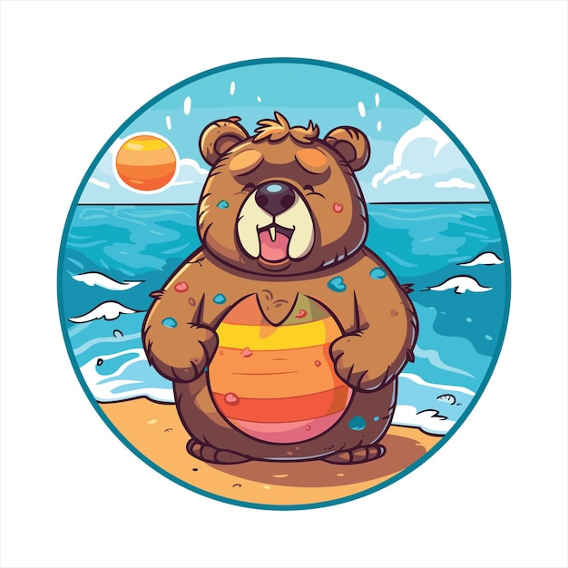 Bear Cute Funny Cartoon Kawaii Colorful Watercolor Beach Summer Animal Pet Sticker Illustration