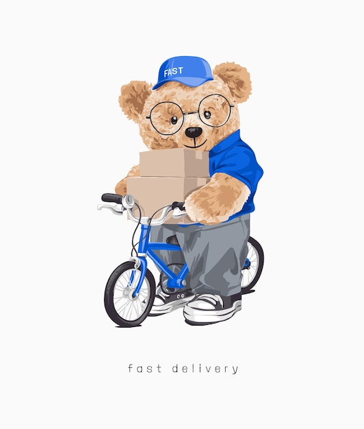 自転車のイラストにパッケージを保持しているクマの人形