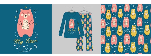 Bear doodle tekenfilm dieren op een blauwe achtergrond naadloze patroon dames kinderpyjama