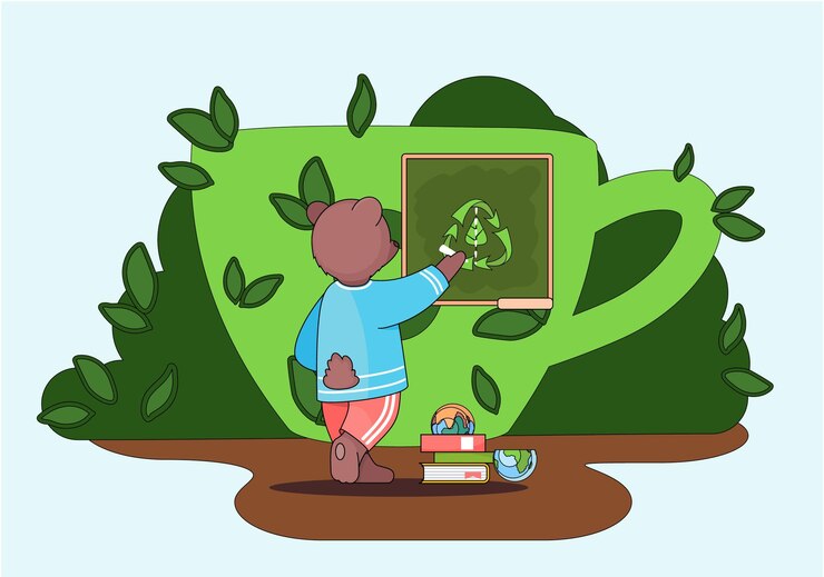 Vector bear draws a recycling symbol on the green board with big green cup and bush on the background