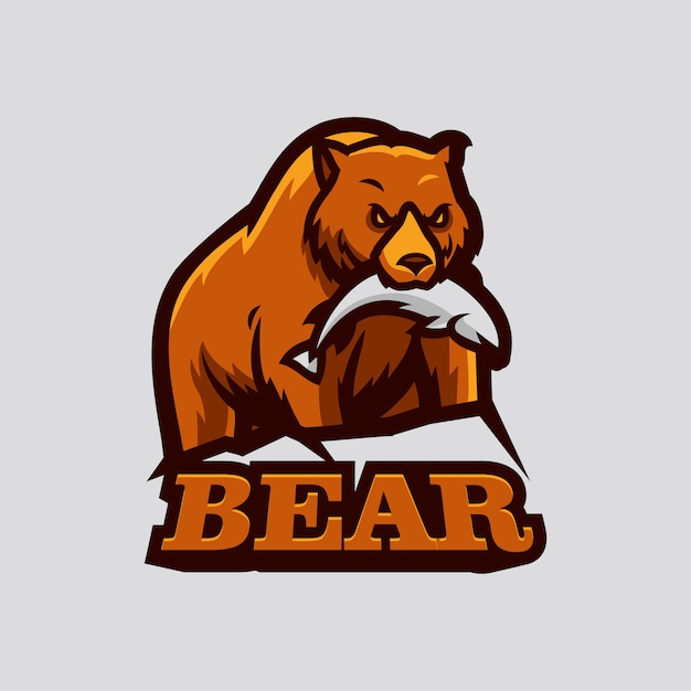 медведь ест рыбу киберспорт логотип талисман векторная иллюстрация