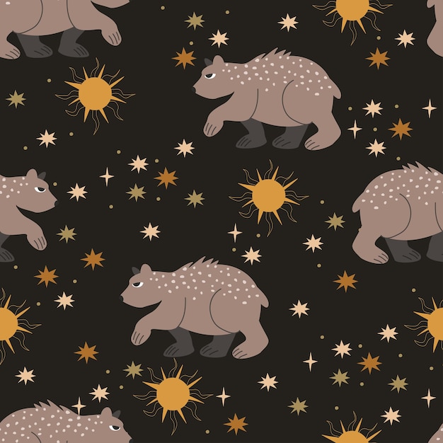 クマのおとぎ話の文字星の夜のシームレスなパターン ベクトル図