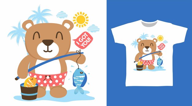 Bear fishing cartoon tshirt concept design