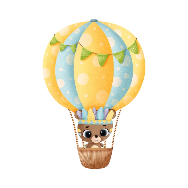 Vector bear flies in a balloon, watercolor illustration. boho style