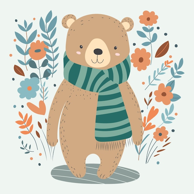 Bear on flower background characters in flat style isolated vector