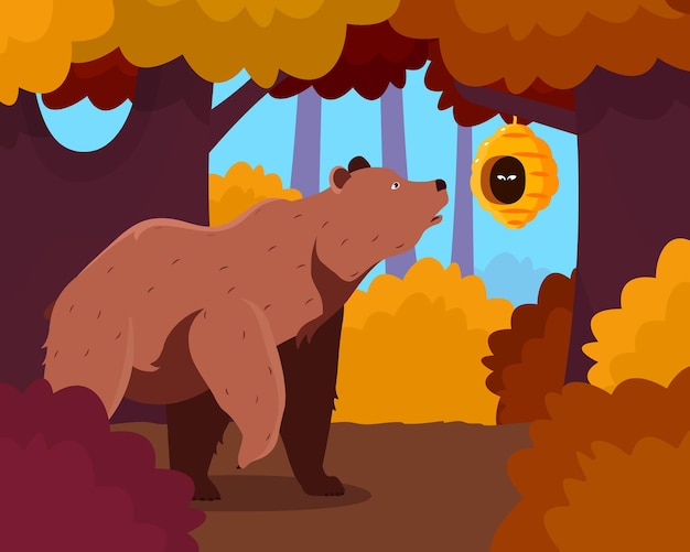 Bear in the forest honey childrens illustration in a flat style