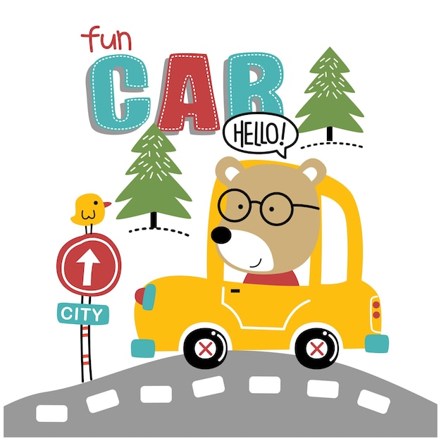 Vector bear and fun car funny animal cartoon