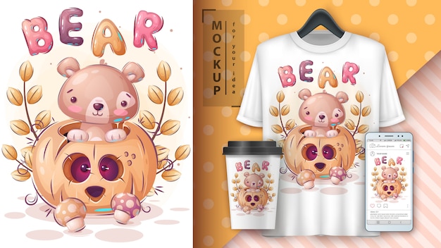 Vector bear halloween pumpkin poster and merchandising.