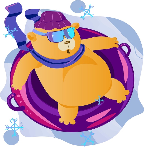 a bear in a hat rolls down a snowy slope on an inflatable circle