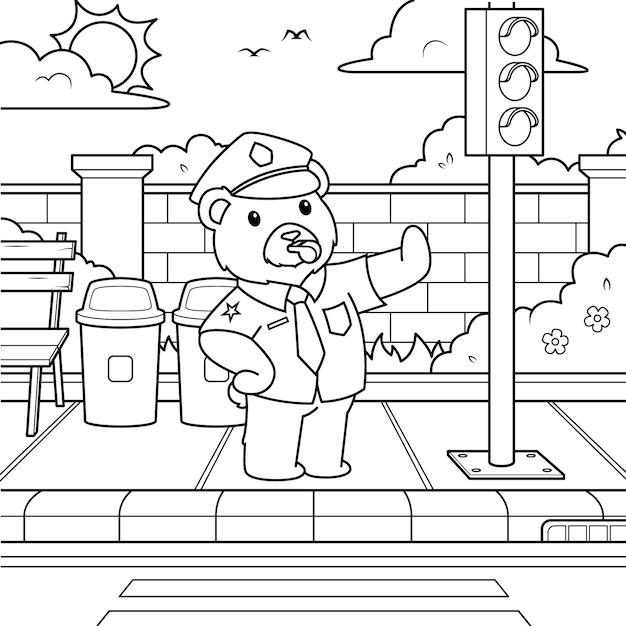 Vector a bear in a hat stands in front of a traffic light and waves to the sun