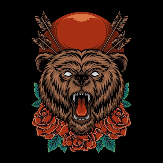 bear head illustration with rose ornament