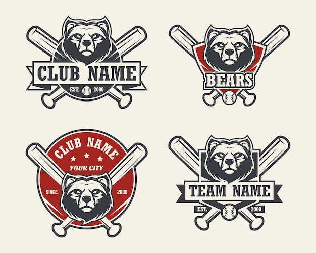 Bear head sport logo. set honkbal emblemen, badges, logo's en labels.