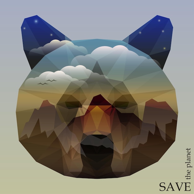 Vector bear head with mountains and deep blue sky with clouds and stars. concept illustration on the theme of protection of nature and animals for design card, invitation, poster, placard or banner
