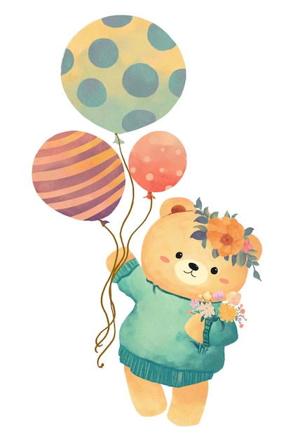 A bear holding balloons and a bunch of flowers