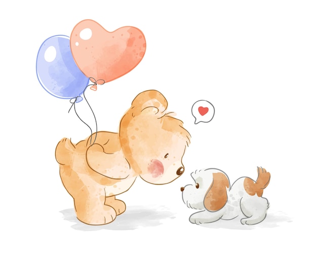 Orso che tiene palloncini e cagnolino illustrazione