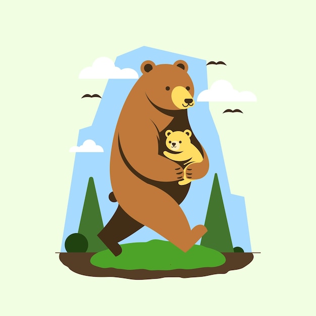 bear holding bear cub in cartoon flat illustration