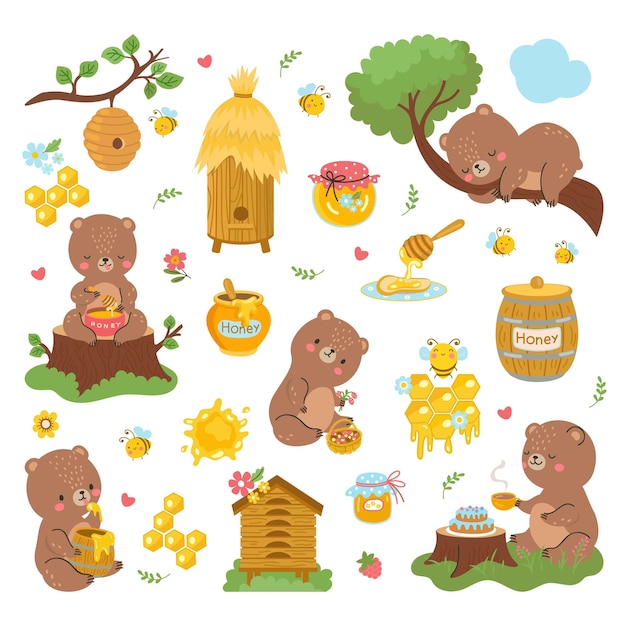 곰과 꿀 만화 꿀벌은 귀여운 숲 동물 날아다니는 벌과 벌집을 곰니다. 요즘 벡터 만화 캐릭터는 꿀 만화 꿀벌 일러스트와 함께 동물을 곰