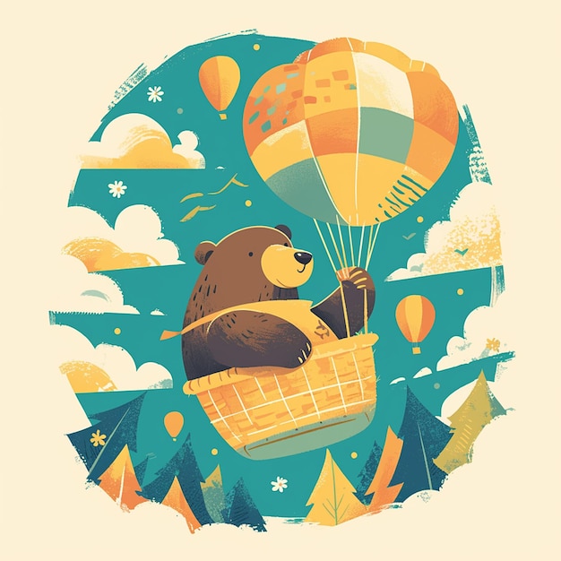 Vector a bear in a hot air balloon cartoon style