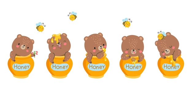 Bear in honing pot kinderen schattige teddy beren vriend zoete cartoon bos dier en bij mooie grappige potten met kinderen speelgoed eten slaap vrolijke hedendaagse vector personages beer met honing illustratie