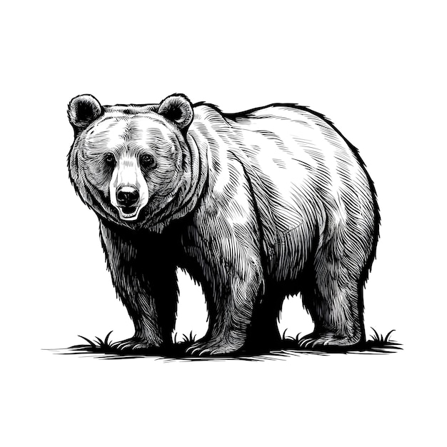 Bear ink sketch drawing black and white engraving style vector illustration