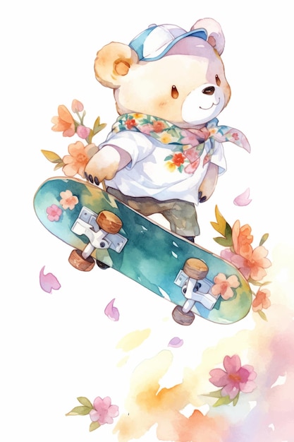 A bear is riding a skateboard with flowers on it.