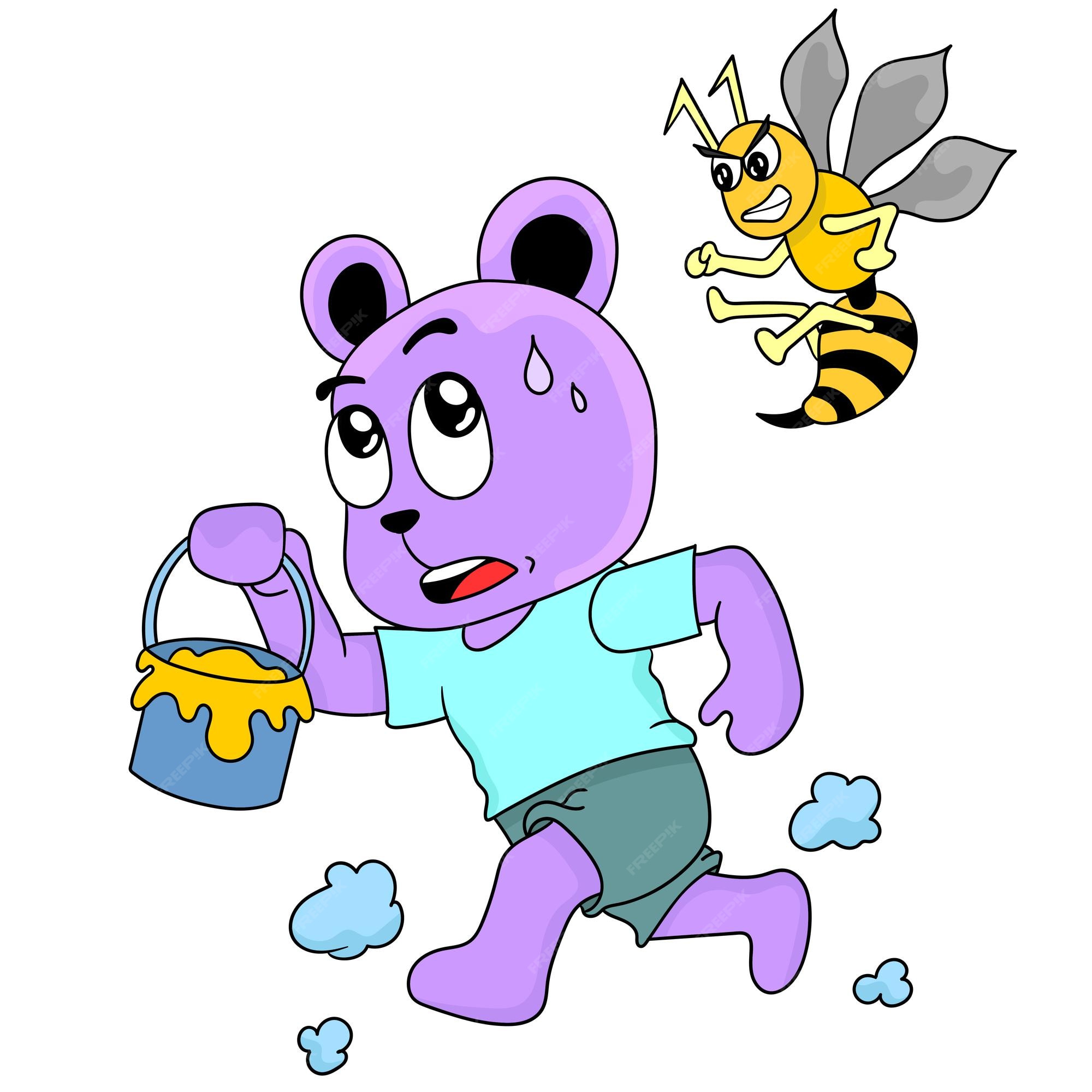 クマは蜂蜜を盗むためにミツバチに追われて走っています 漫画イラストステッカー絵文字 プレミアムベクター