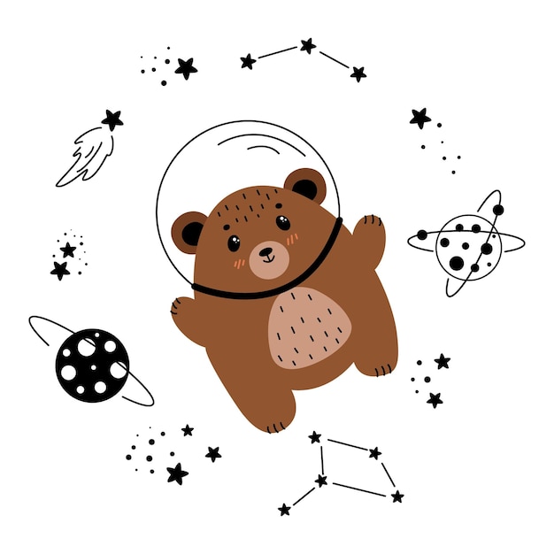 곰은 행성과 별이 있는 공간에 있습니다.