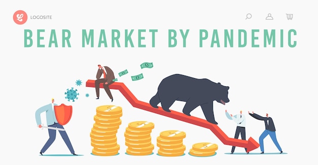 Bear market bij covid-19 pandemic landing page template. voorraadpaniek vanwege het coronavirus. zakelijke investeerderskarakters vechten met pathogene cellen, bear on drop arrow. cartoon mensen vectorillustratie