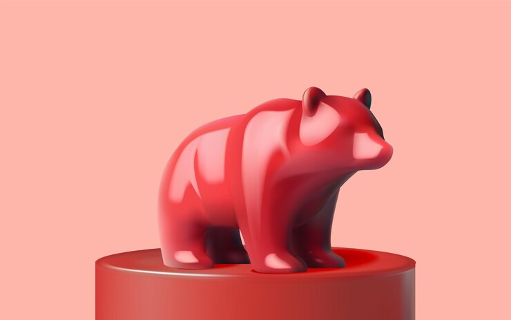 Vector bear market concept with red bear and declining bar graphs
