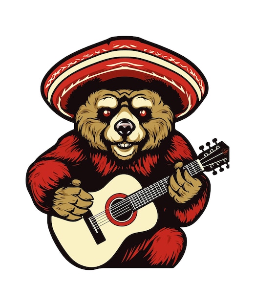 Медведь в мексиканской шляпе с рисунком на футболке с гитарой