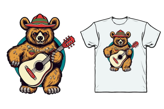 Bear in a Mexican hat with a guitar tshirt design