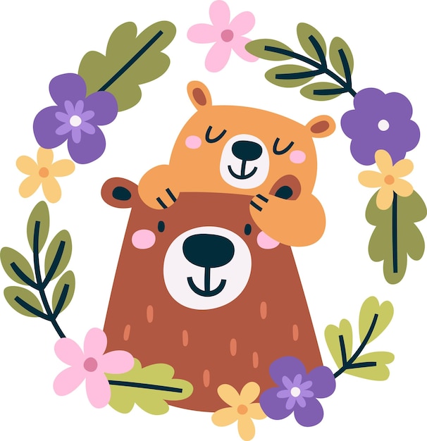 Vector bear mom and child in floral wreath