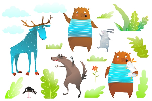 クマ、ムース、ウサギ、オオカミ、森のオブジェクトは子供のためのクリップアートを分離しました。