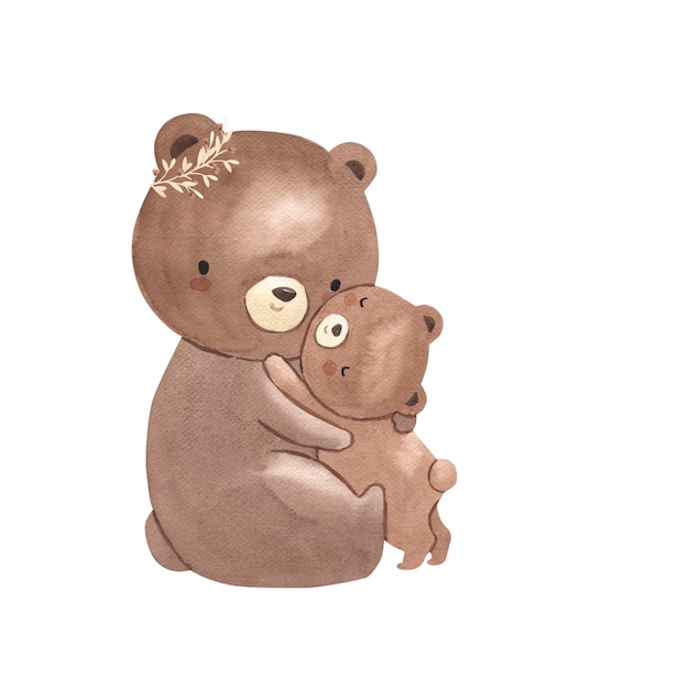 Bear mother and baby watercolor illustration for kids