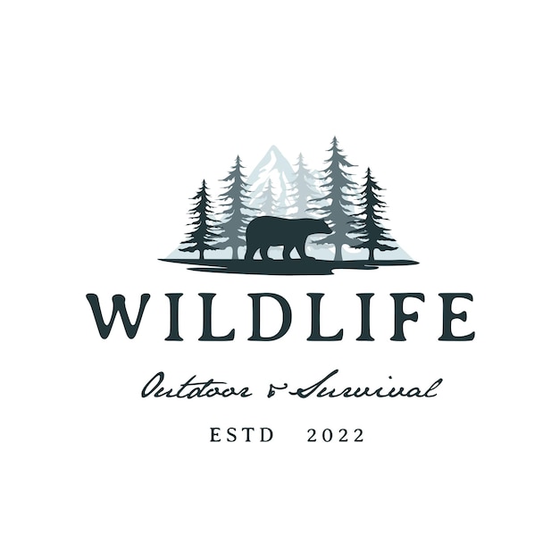 Медведь, горный и сосновый кедр, хвойное дерево, дикая природа, дизайн логотипа