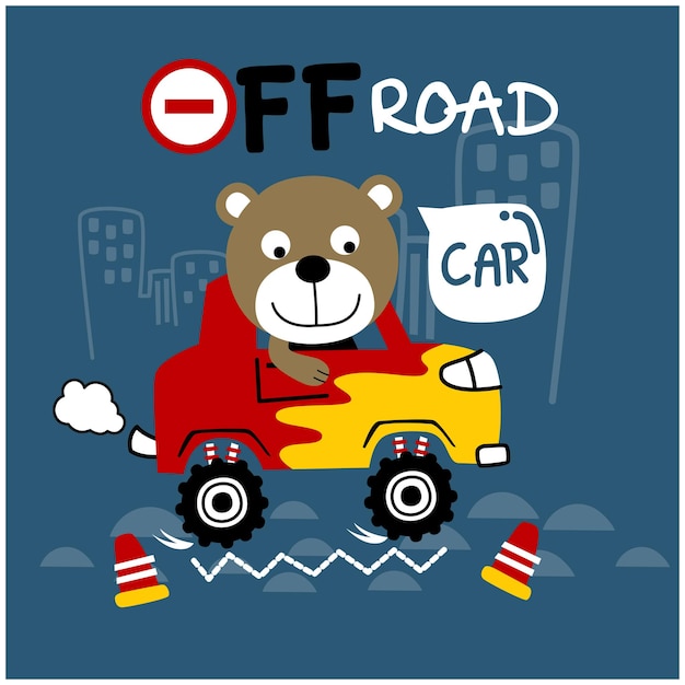 Bear and offroad car funny animal cartoon