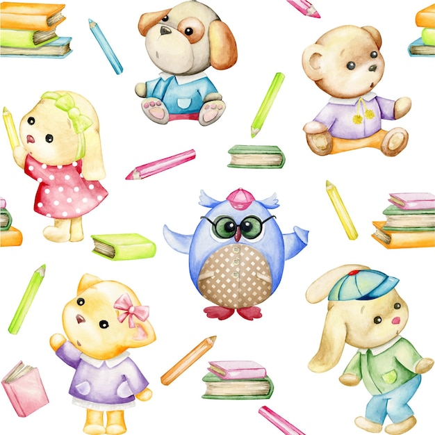 Bear owl rabbit fox dog books pencils Watercolor seamless pattern on an isolated background in a cartoon style