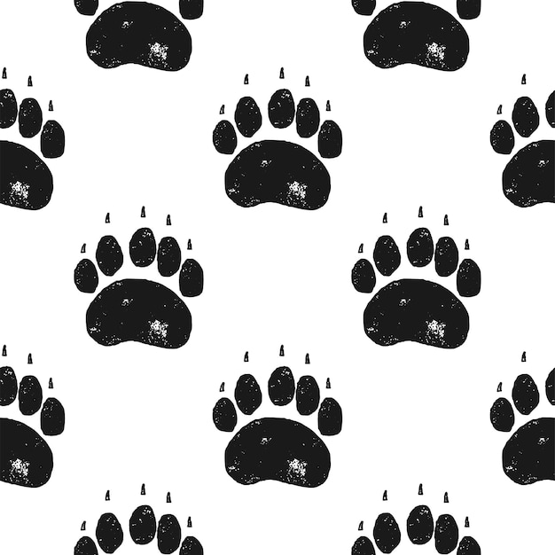 Bear paw pattern. bear claw seamless background. footprint wallpaper. vintage hand drawn silhoutte style. stock vector illustration isolated.