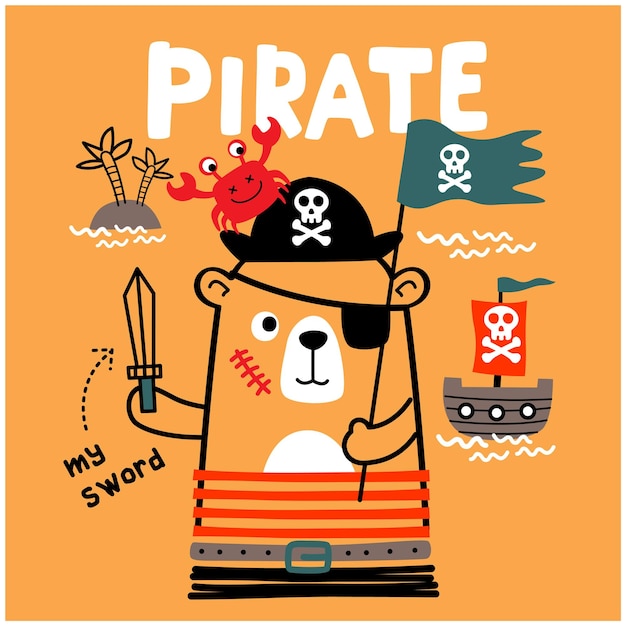 Vector bear pirate funny animal cartoon