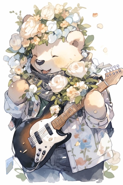 Un orso che suona una chitarra con sopra dei fiori.